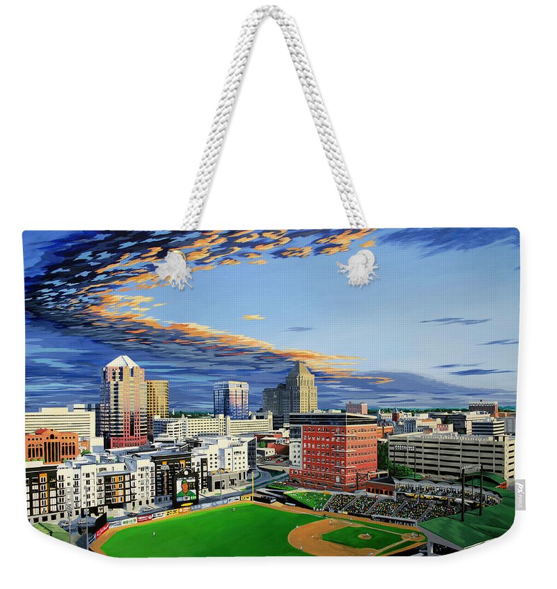 Cityscape Weekender Tote Bag featuring the painting Downtown Greensboro NC by John Gibbs