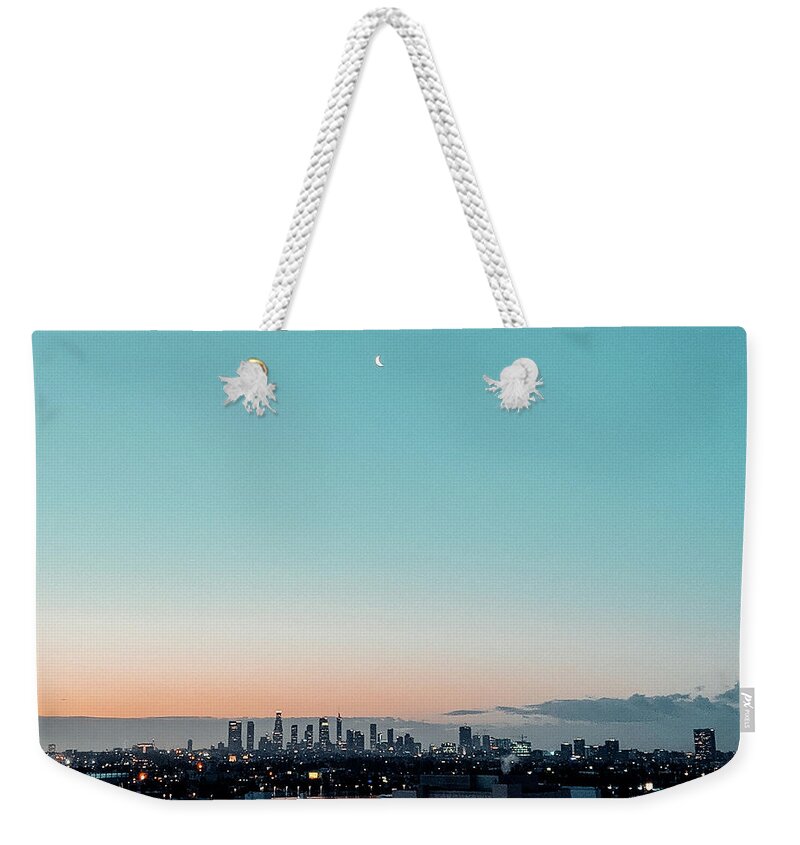 Downtown Los Angeles Skyline Crescent Moon Weekender Tote Bag featuring the photograph Downtown Los Angeles Skyline Crescent Moon by Jera Sky