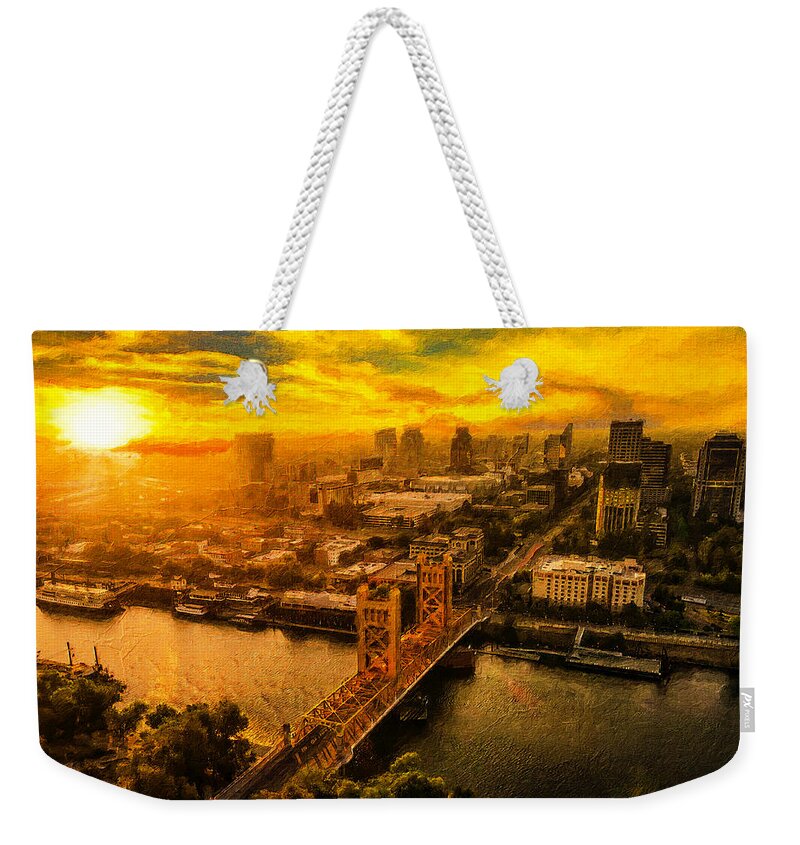 Sacramento Weekender Tote Bag featuring the digital art Downtown Sacramento and Tower Bridge at sunset - digital painting by Nicko Prints