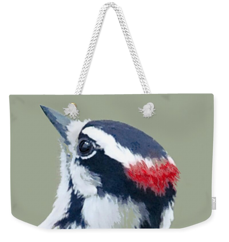 Downy Woodpecker Weekender Tote Bag featuring the painting Downy Woodpecker in 4 Colors by Judy Cuddehe