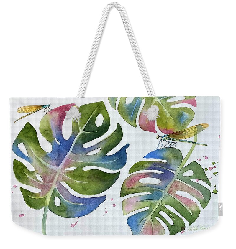 Monstera Weekender Tote Bag featuring the painting Dragonflies and Monstera Leaves by Hilda Vandergriff