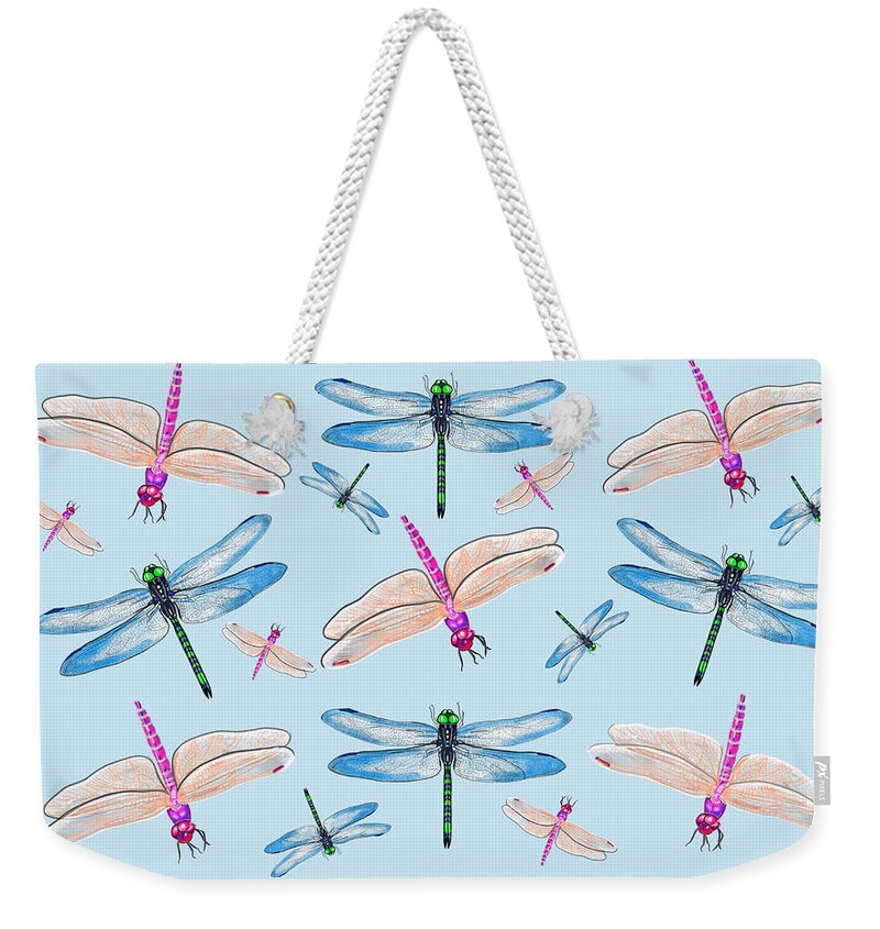 Dragonflies In Blue Sky By Judy Link Cuddehe Weekender Tote Bag featuring the mixed media Dragonflies in Blue Sky by Judy Link Cuddehe