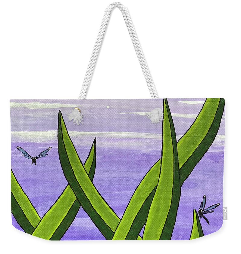 Dragonfly Weekender Tote Bag featuring the painting Dragonflies in the Grass by Wendy Golden