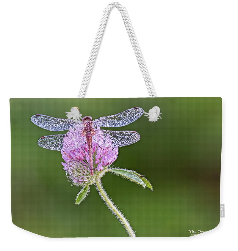 Dragonfly Weekender Tote Bag featuring the photograph Dragonfly on Clover by Peg Runyan