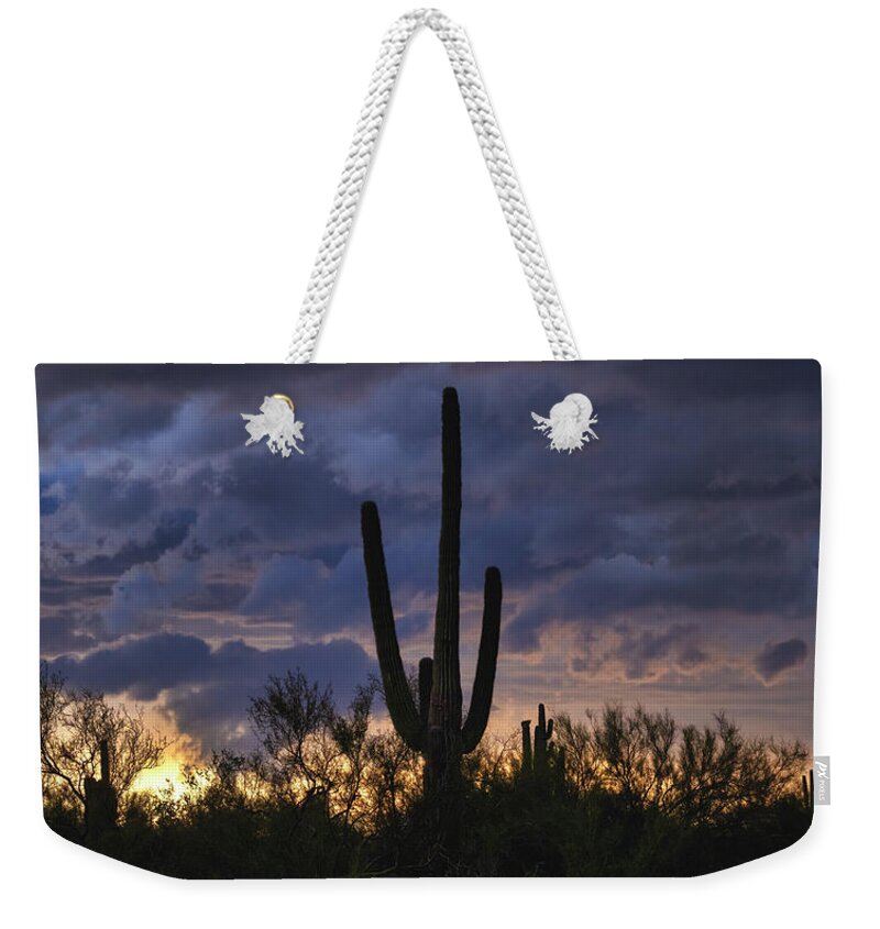 Saguaro Sunset Weekender Tote Bag featuring the photograph Dramatic Sunset Skies Of The Sonoran by Saija Lehtonen