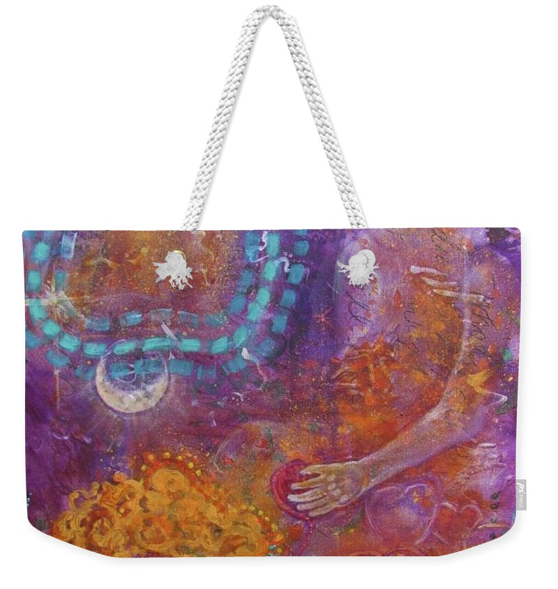 Known And Unknown Weekender Tote Bag featuring the painting Dreaming Between the Known and Unknown by Feather Redfox