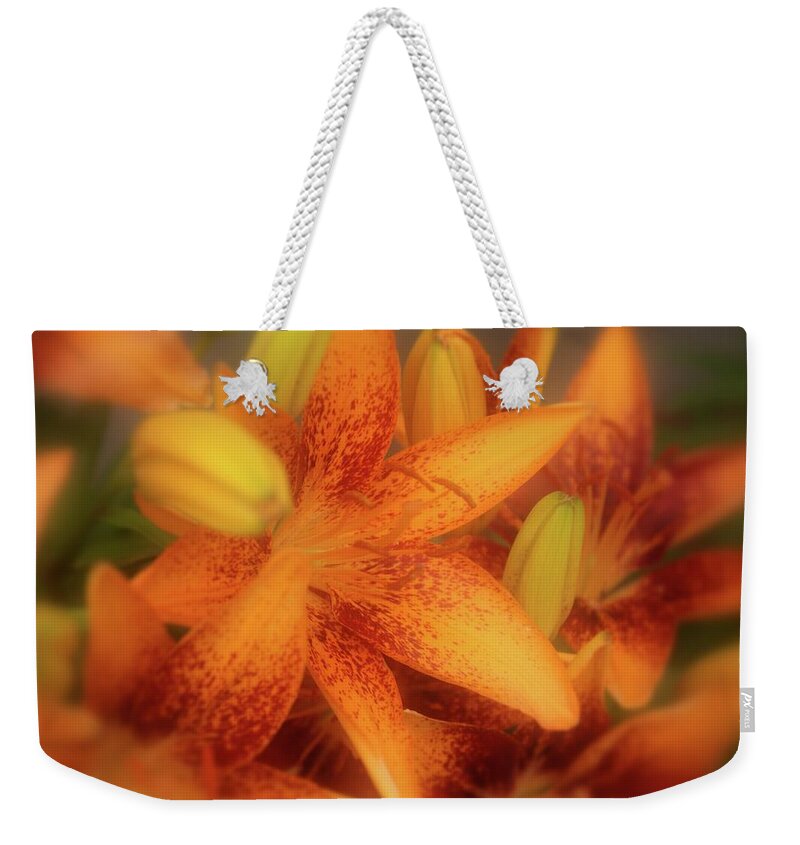 Lily Weekender Tote Bag featuring the photograph Dreamy Orange Sensation Lily by Angie Tirado