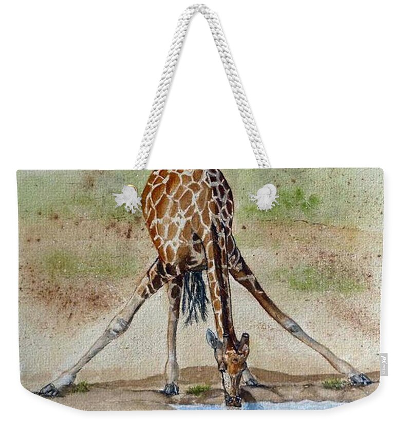 Giraffe Weekender Tote Bag featuring the painting Drinking Giraffe by Kelly Mills