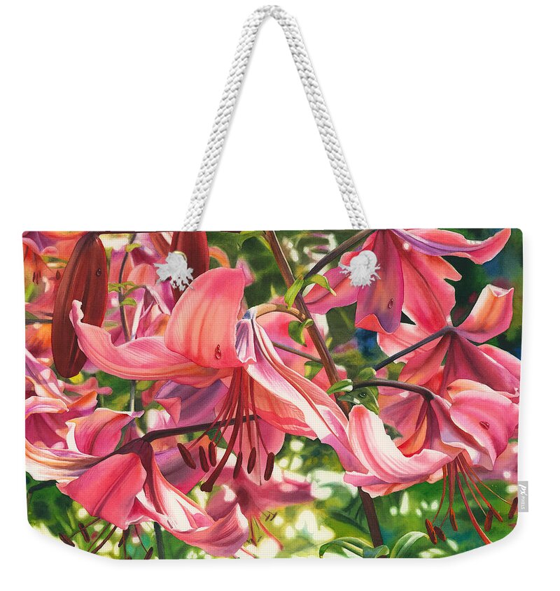 Lilies Weekender Tote Bag featuring the painting Dripping Fragrance by Espero Art