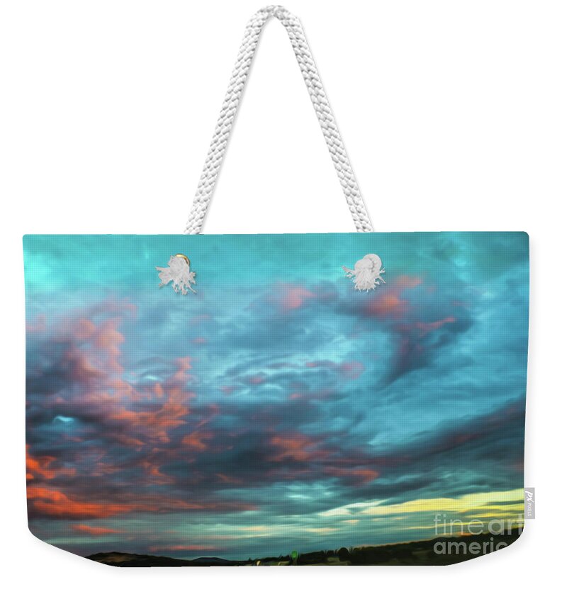Vibrant Weekender Tote Bag featuring the digital art Driving toward the sunset with dramatic sky near Grand Canyon US by Susan Vineyard