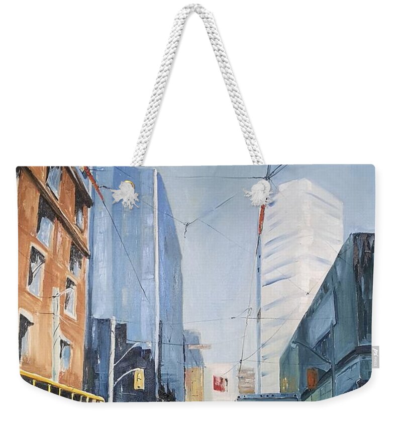 Toronto Weekender Tote Bag featuring the painting Dundas Square by Sheila Romard