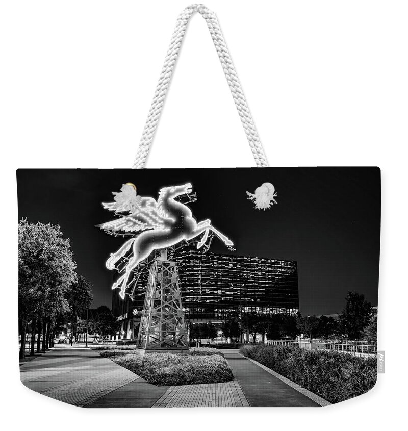 Dallas Pegasus Weekender Tote Bag featuring the photograph Dusk At The Neon Pegasus - Dallas Texas Monochrome by Gregory Ballos