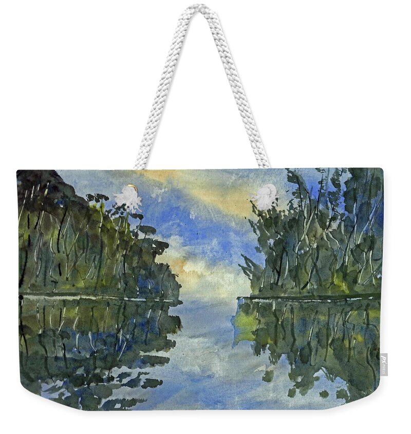 Sea Weekender Tote Bag featuring the painting Dusk Falls Over Tahiti Motu by Randy Sprout