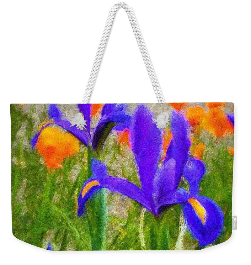 Brushstroke Weekender Tote Bag featuring the photograph Dutch iris and California Poppies by Jeanette French