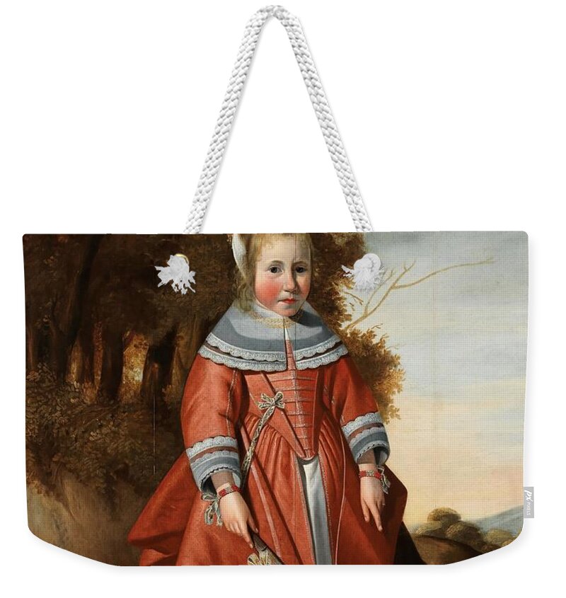 Dutch Weekender Tote Bag featuring the painting Dutch School mid th Century Portrait of a girl in a red dress standing in a by MotionAge Designs
