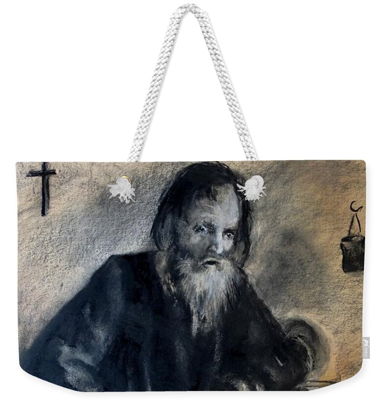 Monk Weekender Tote Bag featuring the drawing Dying Monk - Face to Faith by Eric Dee