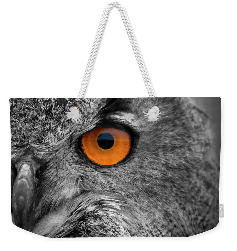  Weekender Tote Bag featuring the digital art Eagle Owl Black And White by Marjolein Van Middelkoop