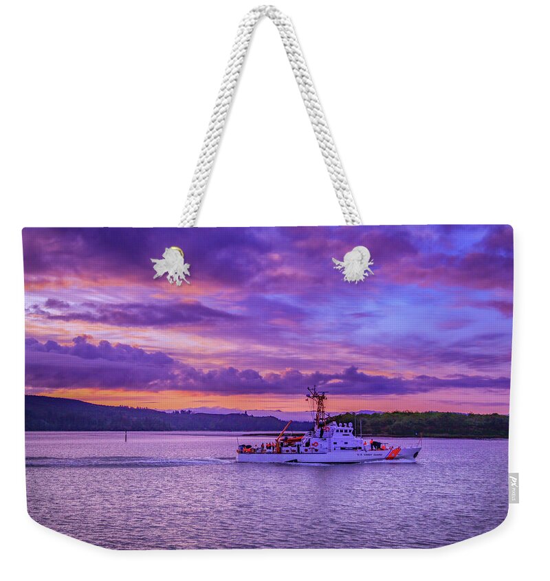 Coast Guard Weekender Tote Bag featuring the photograph Early Morning and the U S Coast Guard Cutter by Sally Bauer