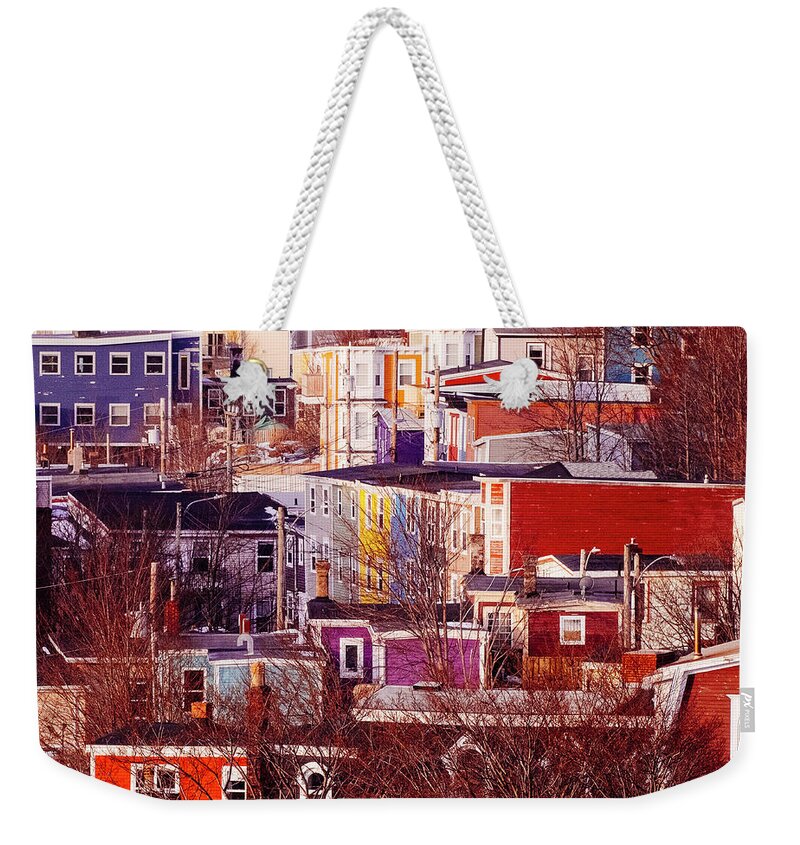 St John's Weekender Tote Bag featuring the photograph Early Morning in St John's - Red by Laura Tucker
