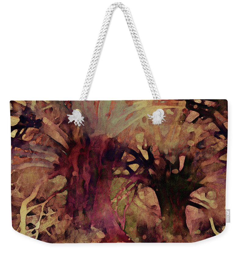 Abstract Trees Weekender Tote Bag featuring the mixed media Earthy Abstract Trees by Peggy Collins