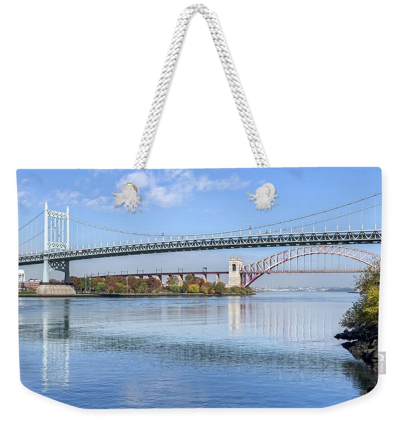 East River Weekender Tote Bag featuring the photograph East River Bridges by Cate Franklyn