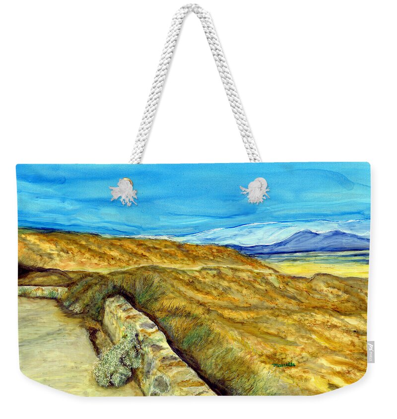 Landscape Weekender Tote Bag featuring the painting Echoes of a Pilgrimage by Marcella Chapman