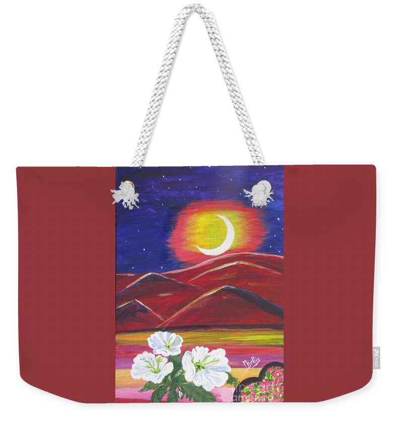 Eclipse Weekender Tote Bag featuring the painting Eclipse Time on 20 by 30 Canvas by Phyllis Kaltenbach