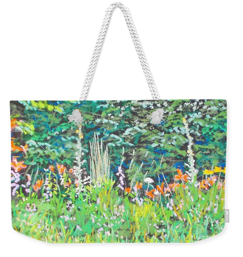 Pastels Weekender Tote Bag featuring the pastel Eddie's wild Flowers by Rae Smith PAC