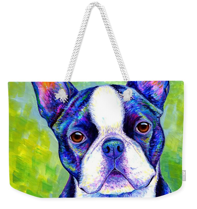 Boston Terrier Weekender Tote Bag featuring the painting Effervescent - Colorful Boston Terrier Dog by Rebecca Wang