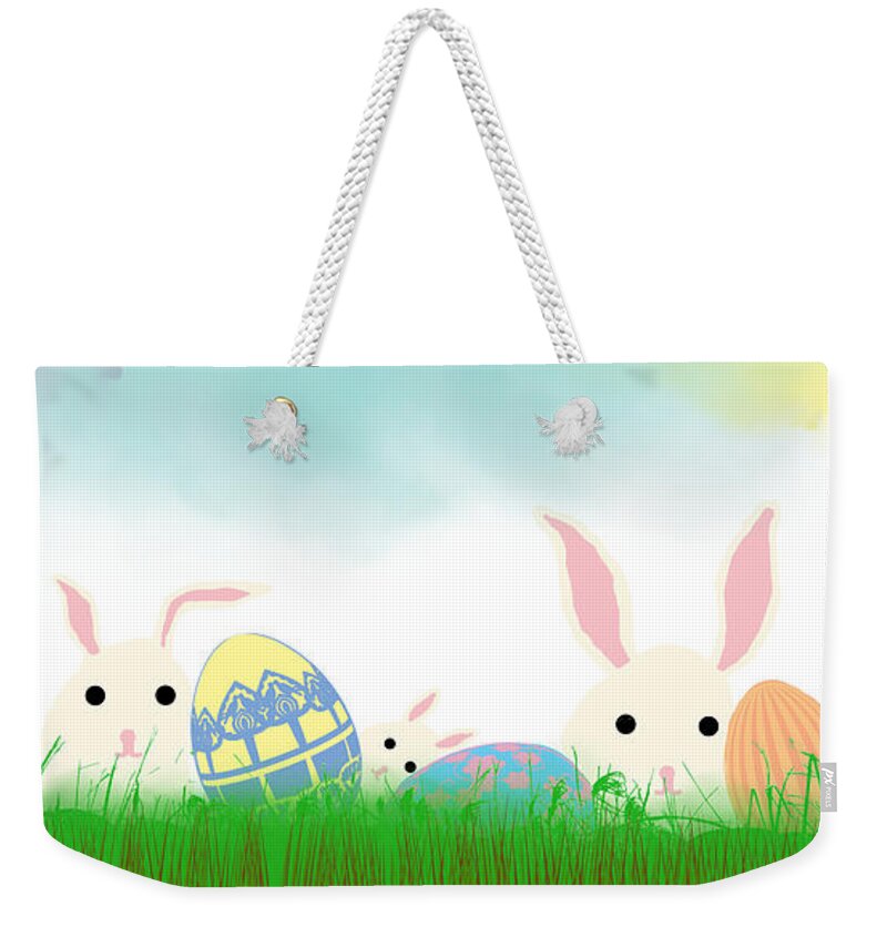 Rabbit Weekender Tote Bag featuring the mixed media Eggs and Bunnies by Moira Law