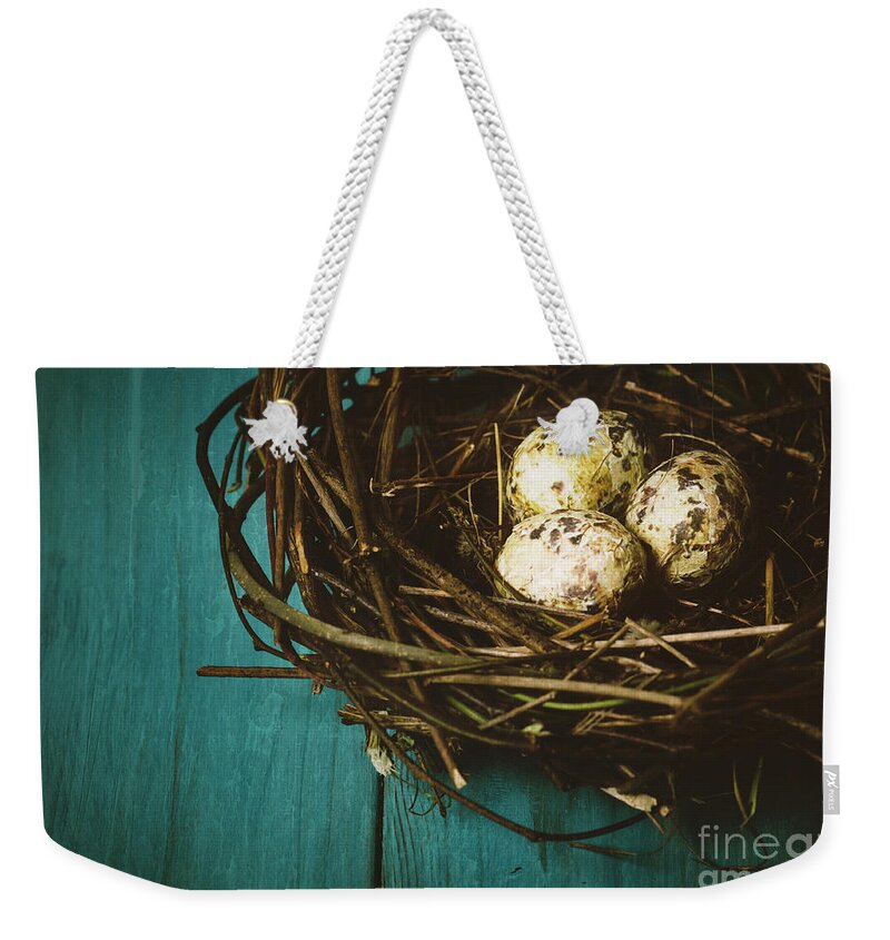 Easter Weekender Tote Bag featuring the photograph Eggs in Nest by Jelena Jovanovic