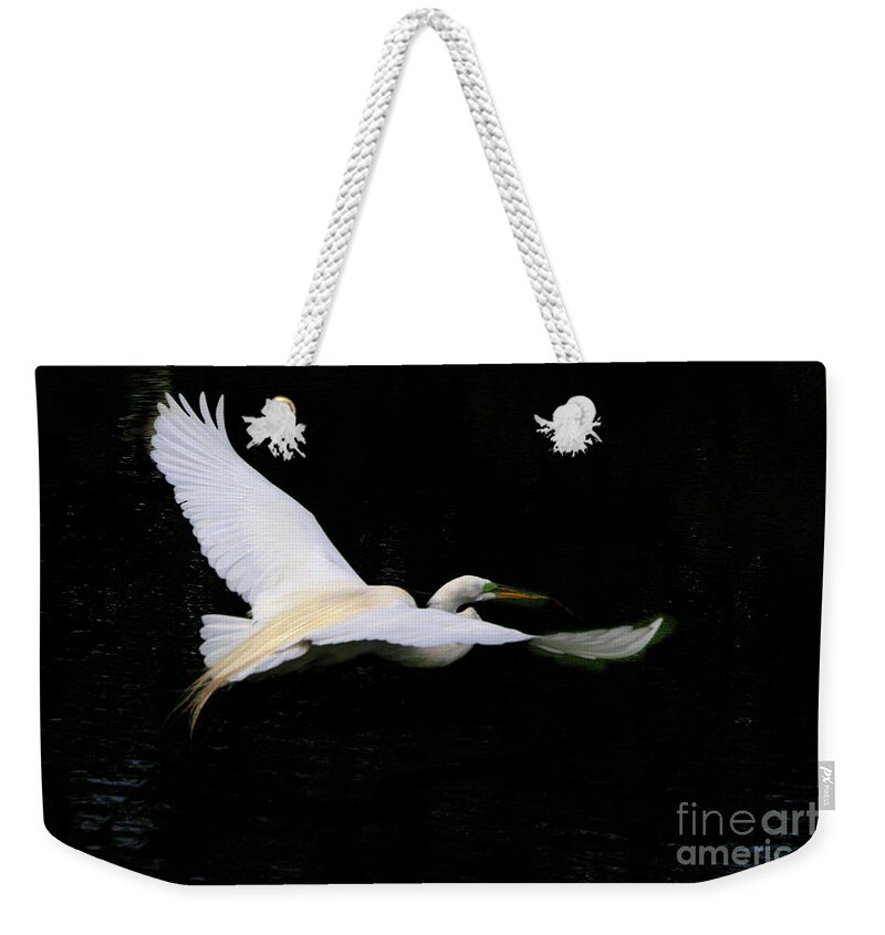 Nature Weekender Tote Bag featuring the pyrography Egret in Flight by Mariarosa Rockefeller