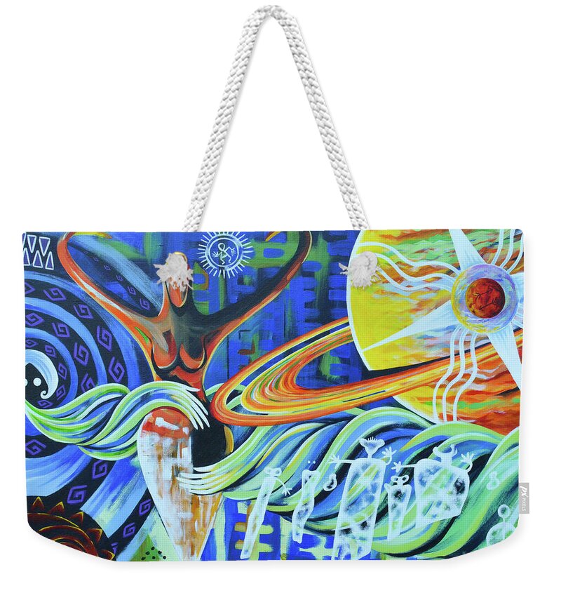 Saturn Weekender Tote Bag featuring the painting Ekpyrotic Dance by Victor Rosario