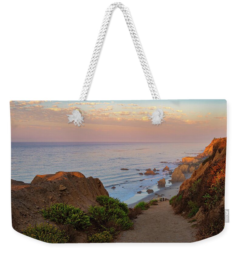 El Matador Weekender Tote Bag featuring the photograph El Matador Beach Path at Sunrise by Matthew DeGrushe
