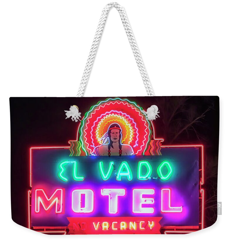 Route 66 Weekender Tote Bag featuring the photograph El Vado Neon Sign - Route 66 - Albuquerque, NM by Susan Rissi Tregoning