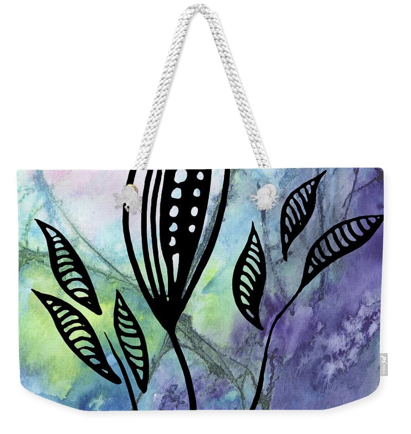 Floral Pattern Weekender Tote Bag featuring the painting Elegant Pattern With Leaves In Blue And Purple Watercolor I by Irina Sztukowski