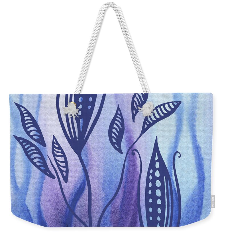 Floral Pattern Weekender Tote Bag featuring the painting Elegant Pattern With Leaves In Blue And Purple Watercolor II by Irina Sztukowski
