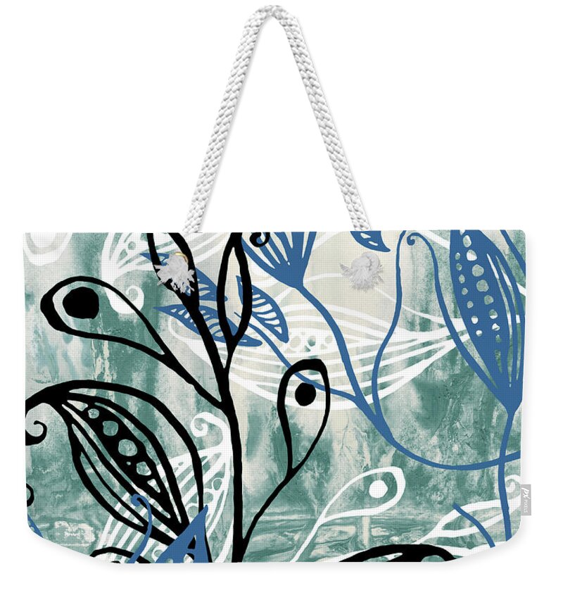 Pods Weekender Tote Bag featuring the painting Elegant Pods And Seeds Pattern With Leaves Teal Blue Watercolor III by Irina Sztukowski