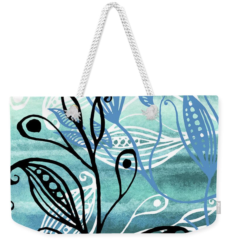 Pods Weekender Tote Bag featuring the painting Elegant Pods And Seeds Pattern With Leaves Teal Blue Watercolor VI by Irina Sztukowski