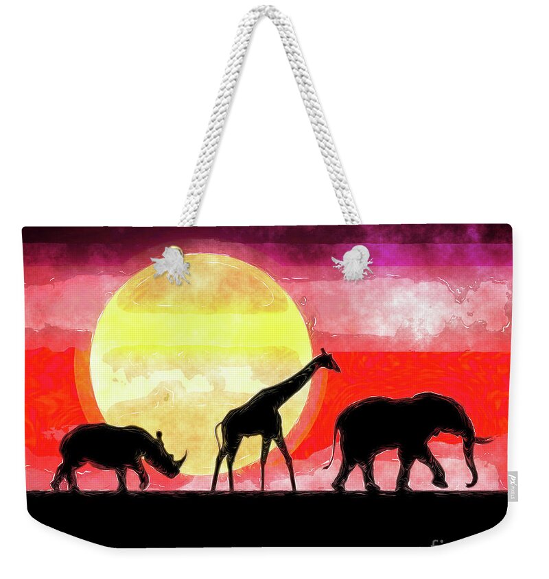 Elephant Weekender Tote Bag featuring the digital art Elephant Giraffe Rhinoceros by Phil Perkins