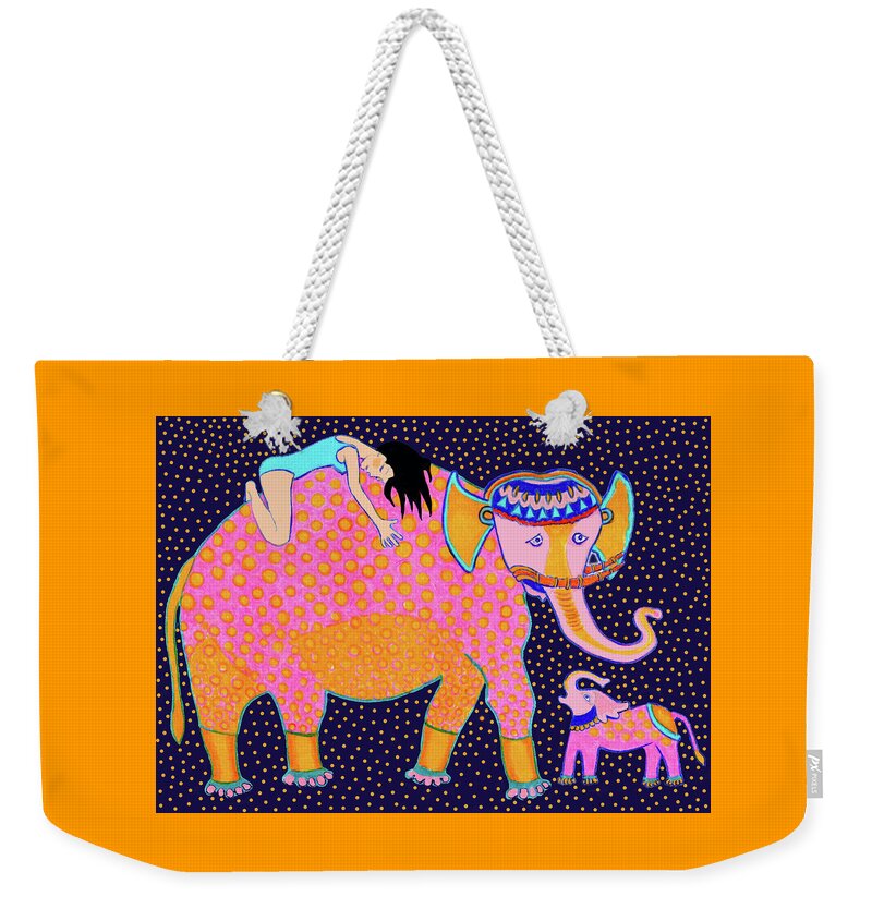 Pink Elephant Weekender Tote Bag featuring the drawing Elephant Girl by Lorena Cassady
