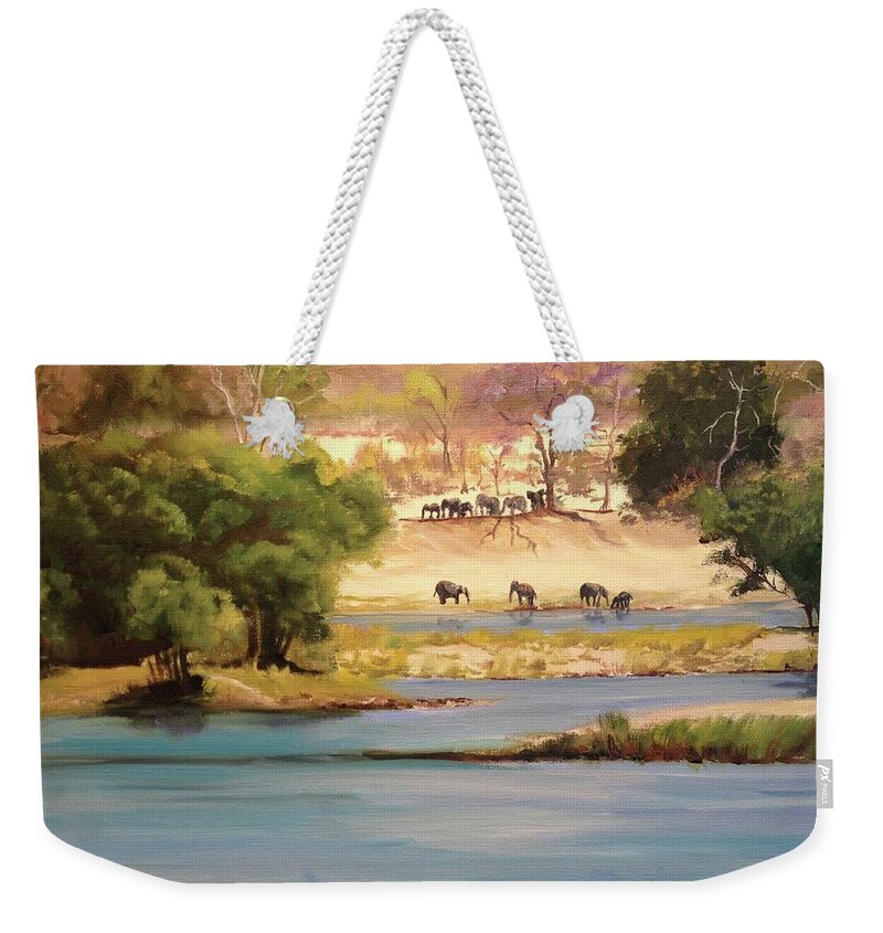 Water Weekender Tote Bag featuring the painting Elephant Watering Hole by Judy Rixom