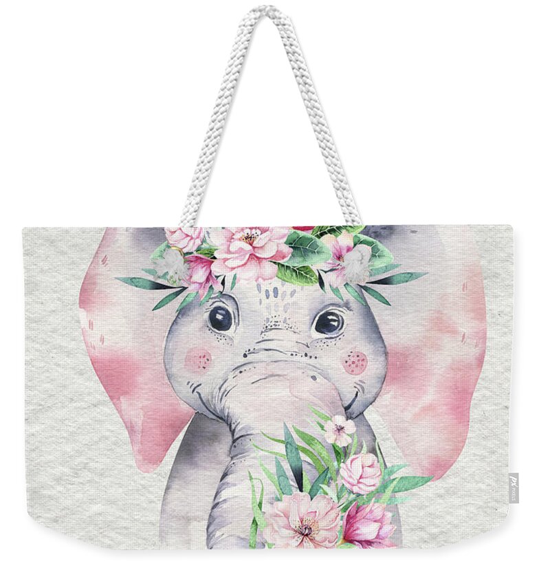 Elephant Weekender Tote Bag featuring the painting Elephant With Flowers by Nursery Art