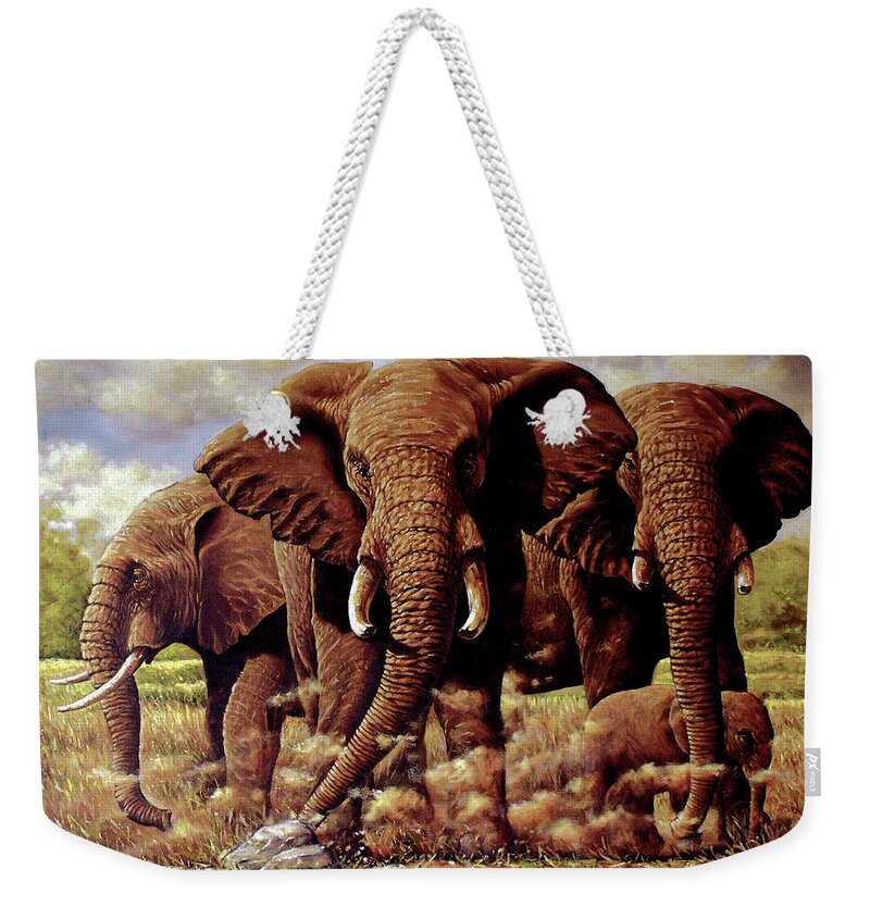 Elephant Weekender Tote Bag featuring the painting Elephants Challenge by Charles Berry