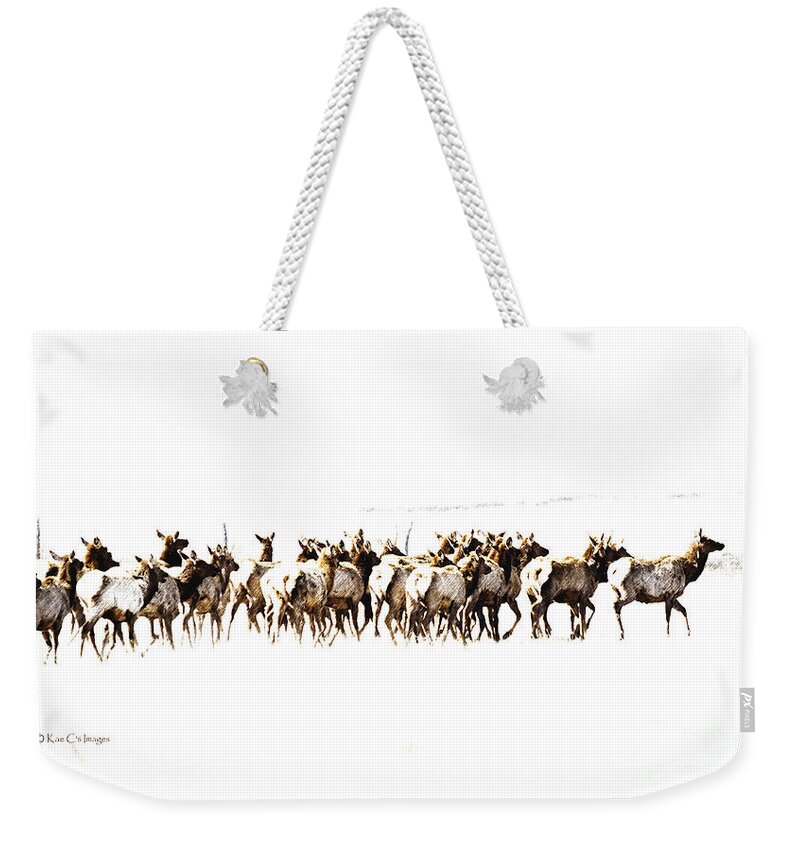 Nature Weekender Tote Bag featuring the mixed media Elk Cows on the Move by Kae Cheatham