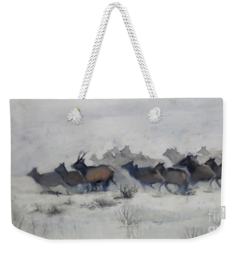 Elk Weekender Tote Bag featuring the painting Elk Migration, 2019 by PJ Kirk