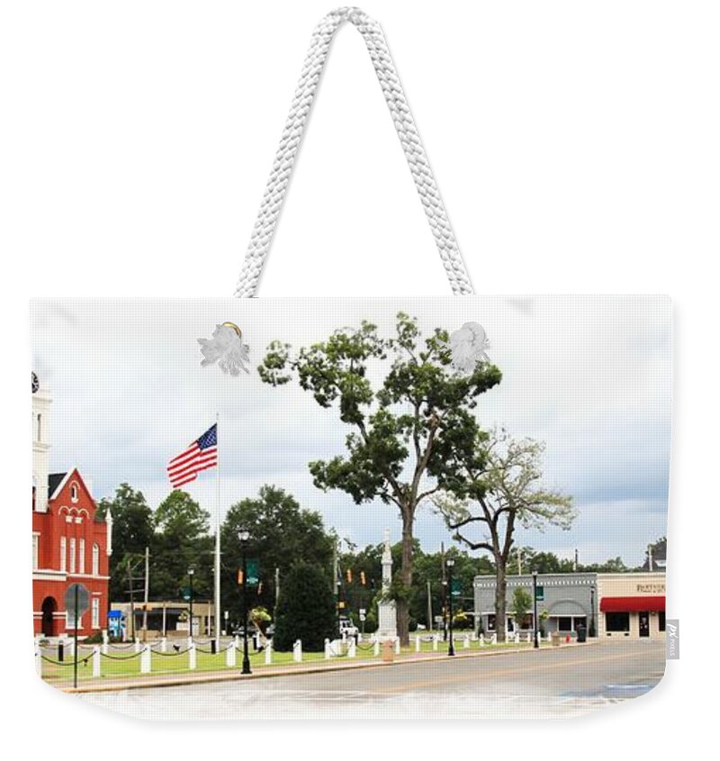 Schley Ellaville Courthouse Stores Square Caylee Hammock Brent Cobb Weekender Tote Bag featuring the photograph Ellaville Georgia - Sunday Morning -2 by Jerry Battle