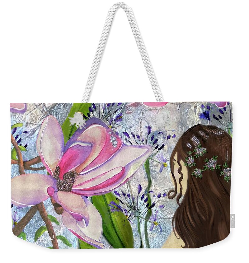 Girl Whimsical Floral Colorful Abstract Weekender Tote Bag featuring the mixed media Elle by Lorie Fossa