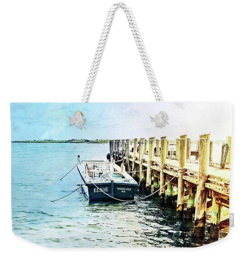 Cape Cod Weekender Tote Bag featuring the mixed media Elsie on the Water by Marianne Campolongo