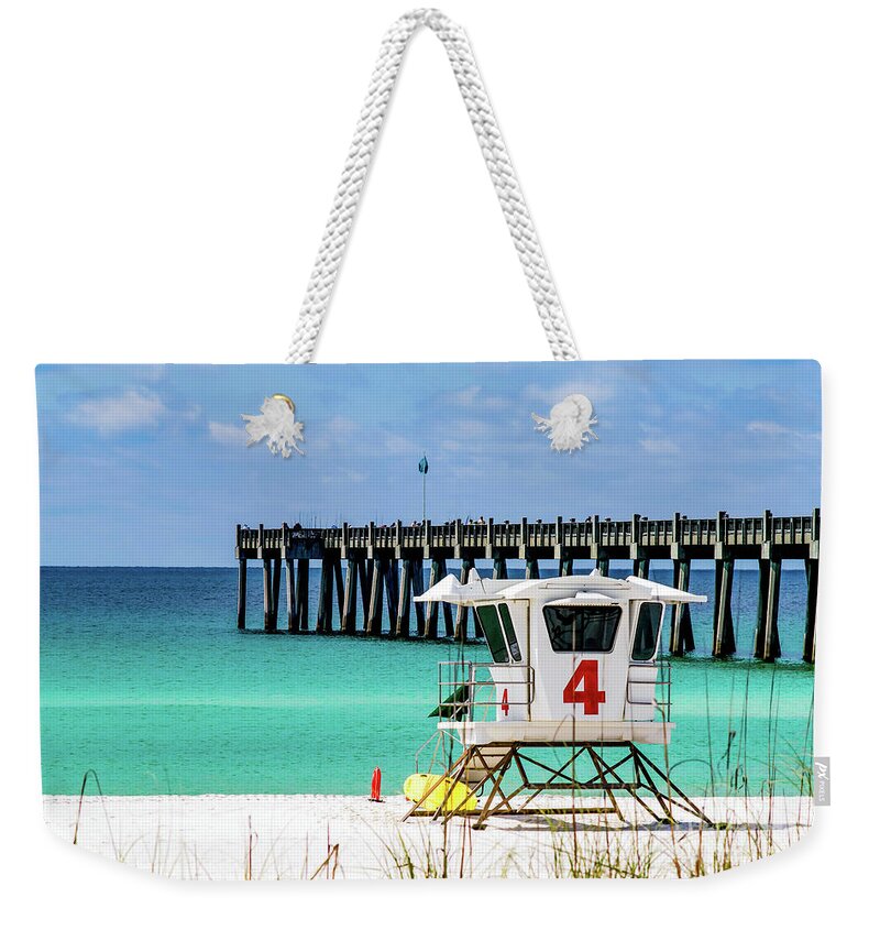 Pensacola Beach Weekender Tote Bag featuring the photograph Emerald Pensacola Beach Florida Pier by Beachtown Views